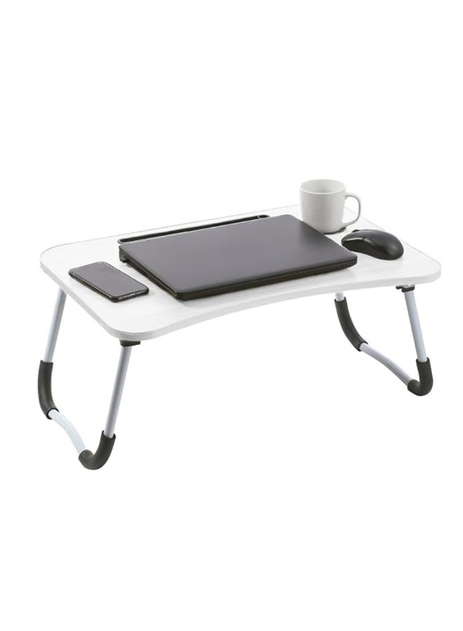 Foldable Laptop Table – Portable Wooden Lap Desk with Cup Holder & Tablet Slot, Large Size Bed Tray with Anti-Slip Pads & Lifting Handle, Foldable Laptop Stand for Working, Writing, Eating on Bed or Sofa (White) - Image 1