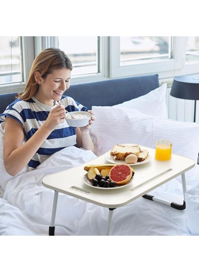 Foldable Laptop Table – Portable Wooden Lap Desk with Cup Holder & Tablet Slot, Large Size Bed Tray with Anti-Slip Pads & Lifting Handle, Foldable Laptop Stand for Working, Writing, Eating on Bed or Sofa (White) - Image 2