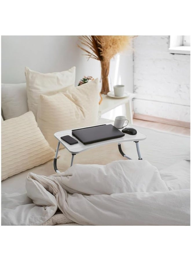 Foldable Laptop Table – Portable Wooden Lap Desk with Cup Holder & Tablet Slot, Large Size Bed Tray with Anti-Slip Pads & Lifting Handle, Foldable Laptop Stand for Working, Writing, Eating on Bed or Sofa (White) - Image 4