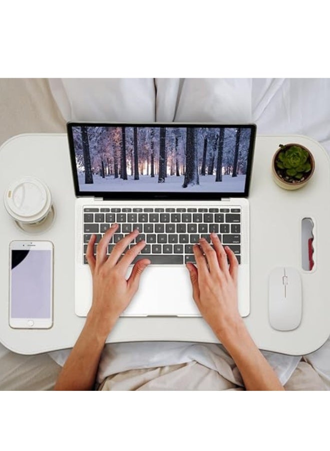 Foldable Laptop Table – Portable Wooden Lap Desk with Cup Holder & Tablet Slot, Large Size Bed Tray with Anti-Slip Pads & Lifting Handle, Foldable Laptop Stand for Working, Writing, Eating on Bed or Sofa (White) - Image 3