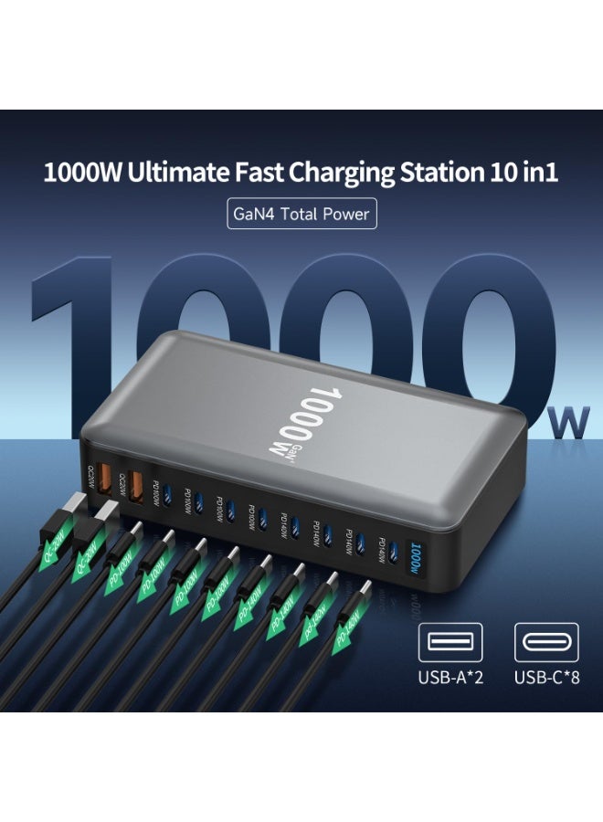 سوبر 5 شاحن سريع بتقنية GaN بقوة 1000 واط، يدعم تقنية الشحن السريع 4.0، مزود بمنفذ USB من النوع C، و10 منافذ شحن PD من نوع 5C3A للهواتف المحمولة والأجهزة اللوحية، سهل الحمل والاستخدام. - Image 3