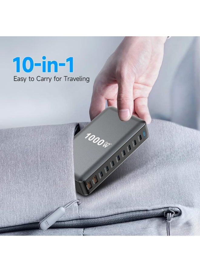 سوبر 5 شاحن سريع بتقنية GaN بقوة 1000 واط، يدعم تقنية الشحن السريع 4.0، مزود بمنفذ USB من النوع C، و10 منافذ شحن PD من نوع 5C3A للهواتف المحمولة والأجهزة اللوحية، سهل الحمل والاستخدام. - Image 4