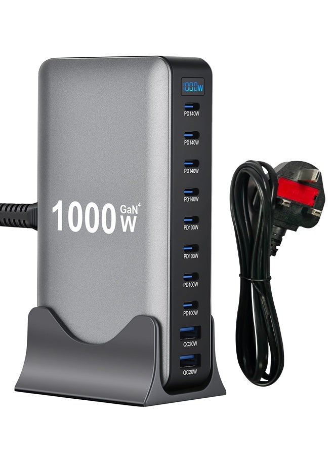 سوبر 5 شاحن سريع بتقنية GaN بقوة 1000 واط، يدعم تقنية الشحن السريع 4.0، مزود بمنفذ USB من النوع C، و10 منافذ شحن PD من نوع 5C3A للهواتف المحمولة والأجهزة اللوحية، سهل الحمل والاستخدام. - Image 1