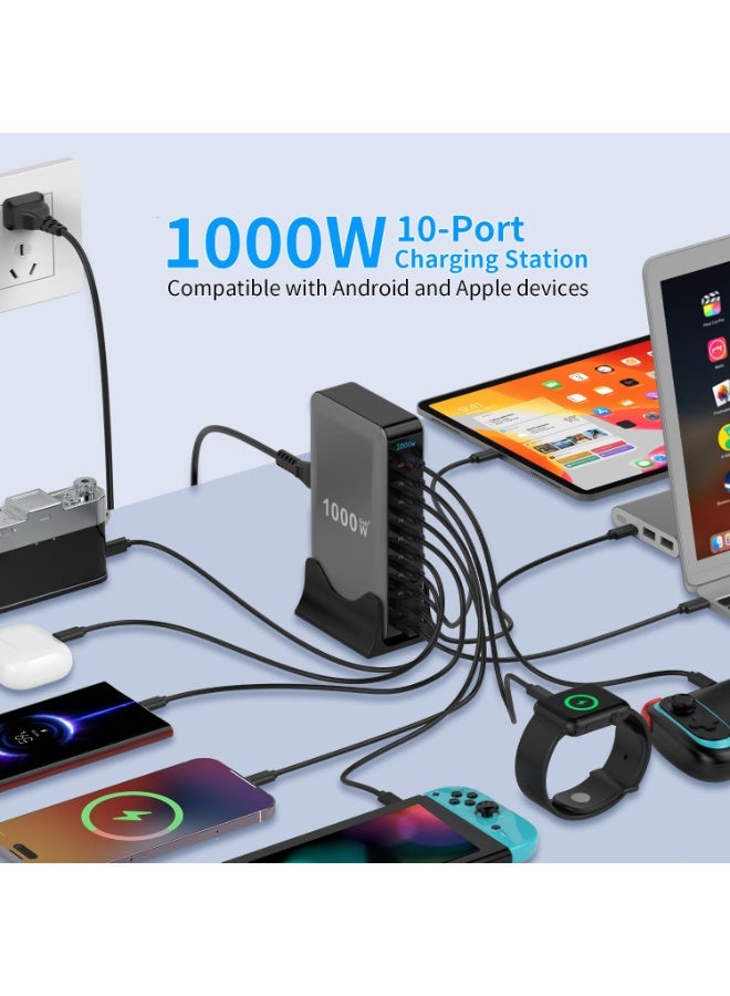 سوبر 5 شاحن سريع بتقنية GaN بقوة 1000 واط، يدعم تقنية الشحن السريع 4.0، مزود بمنفذ USB من النوع C، و10 منافذ شحن PD من نوع 5C3A للهواتف المحمولة والأجهزة اللوحية، سهل الحمل والاستخدام. - Image 2
