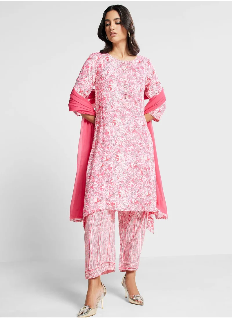 Biba Printed Crew Neck Kurti & Pants Set