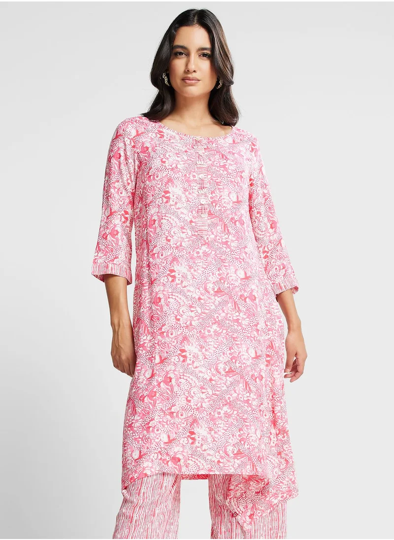 Biba Printed Crew Neck Kurti & Pants Set