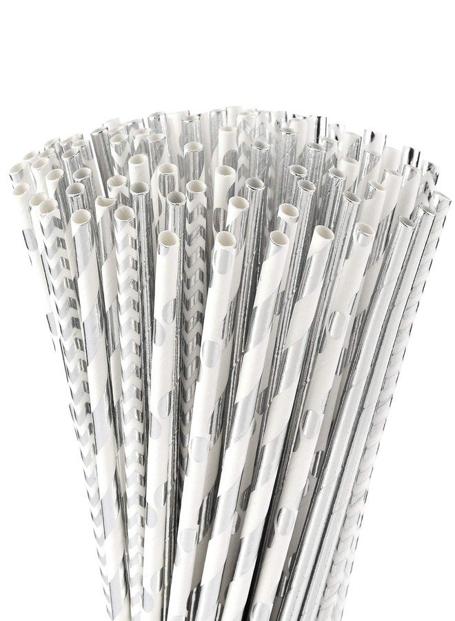 ALINK Foil Silver Paper Straws Bulk, Pack of 100 Metallic Striped/Wave/Dots Straws for Birthday, Wedding, Bridal/Baby Shower, Christmas Decorations and Party Supplies - Image 1