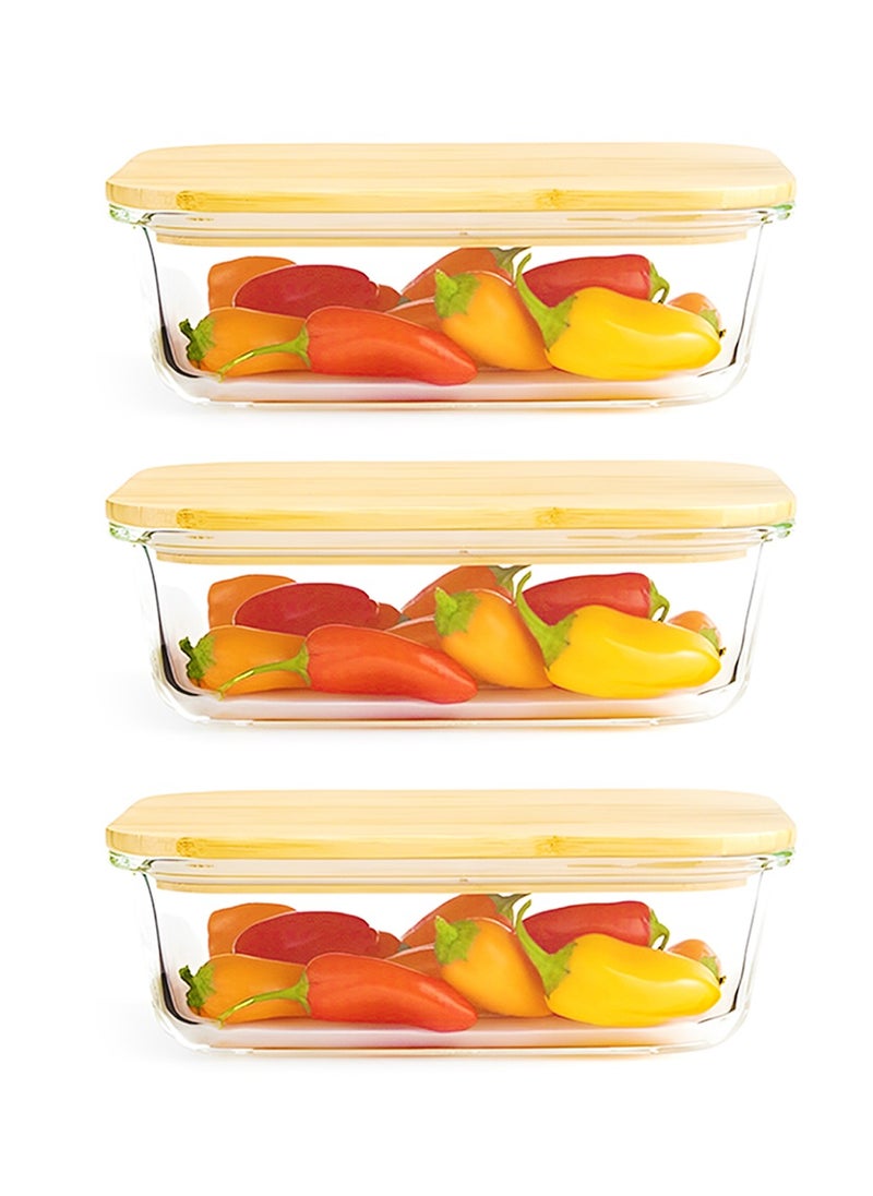 BLACKSTONE - Set of 3 Glass Food Containers with Wooden Lids & Silicone Rings – 1520ml Leakproof Storage Solution - Image 1