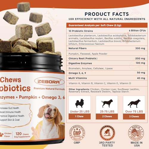 ZEBORA Probiotics for Dogs, Dog Probiotics for Digestive Health, Plus Pumpkin and Fish Oil, for Gut & Itchy, 120 Soft Chews - Image 2