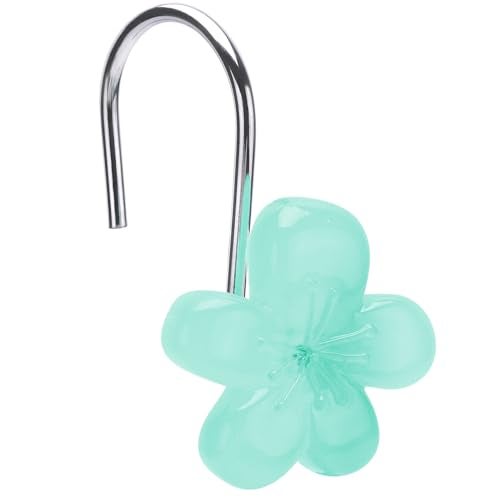 SIMPLE CLEVER HOMES 365 Cute Flower Shower Curtain Hooks, Glow in The Dark, Pretty Floral Themed Elegant Bathroom Decor, Teal - Image 1
