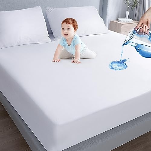 Moonsea Waterproof Mattress Protector King Size,Mattress Cover Protector, Smooth Top Mattress Protector for Kids, Breathable Skin Friendly and Noiseless Fitted Sheet,King Size,Polyester - Image 1