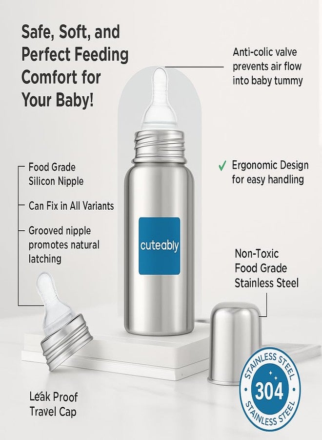 Cuteably 304 Stainless Steel Baby Bottle, Dishwasher Safe, Leak-Proof BPA Free Milk Bottle for Newborns (150 ML) - Image 3