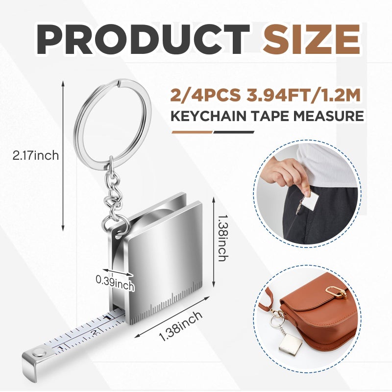 Quelay Mini Measuring Tape Metal Keychain Tape Measure up to 47.24 Inches Small Retractable Measure Keychain(4 Pcs,Silver) - Image 2