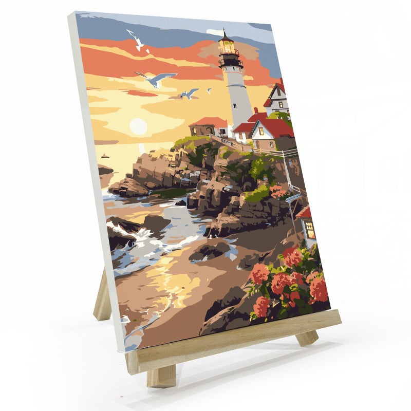 JOOZ Lighthouse Paint by Number for Adults, Paint by Numbers Kit for Adults with Frame, DIY Seaside Paint by Numbers Kits for Adults on Canvas, Sunset Oil Painting Kit for Home Wall Decor 8 x 12 in - Image 1