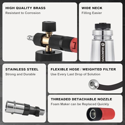 Raincovo Foam Cannon Wide Mouth for Pressure Washer, Thick Snow Foam Lance for Car Wash, Adjustable Soap Cannon with 1/4 Inch Quick Connector, Additional 1.1mm Orifice Nozzle - Image 5