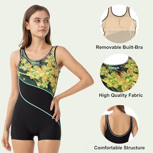 karrack Womens Swimsuit Sport One Piece Bathing Suit Athletic Racerback Boyleg Swimsuits Modest Swimwear Training,yellowfloral-BL - Image 4