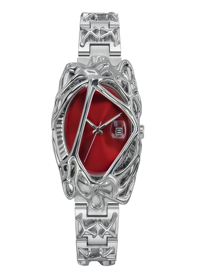 BARAMON Watches for Men Fashion Unique Quartz Watch Hip Hop Rock Punk Wrist Watch Casual Cool Wristwatches Stainless Steel Waterproof Men's Watch for Gift, Red - Image 1