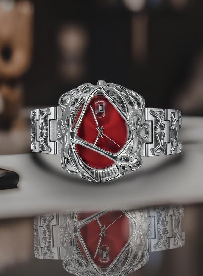 BARAMON Watches for Men Fashion Unique Quartz Watch Hip Hop Rock Punk Wrist Watch Casual Cool Wristwatches Stainless Steel Waterproof Men's Watch for Gift, Red - Image 3
