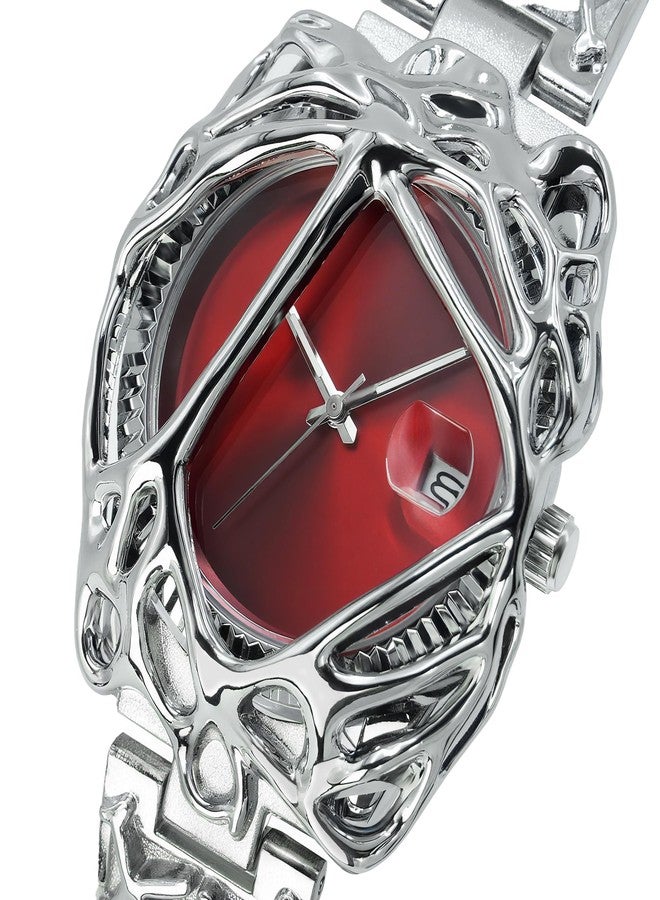BARAMON Watches for Men Fashion Unique Quartz Watch Hip Hop Rock Punk Wrist Watch Casual Cool Wristwatches Stainless Steel Waterproof Men's Watch for Gift, Red - Image 2