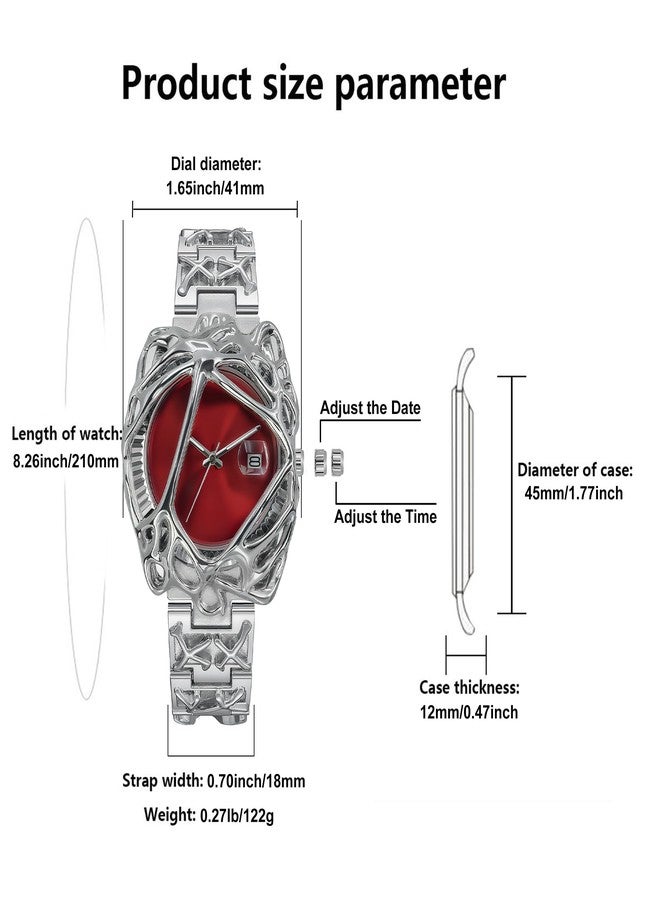 BARAMON Watches for Men Fashion Unique Quartz Watch Hip Hop Rock Punk Wrist Watch Casual Cool Wristwatches Stainless Steel Waterproof Men's Watch for Gift, Red - Image 5