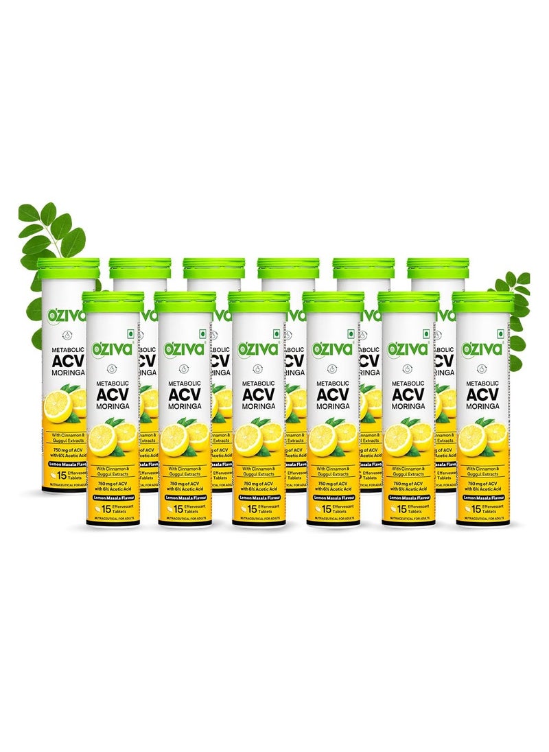 OZiva - ACV Moringa Control Cravings Apple Cider Vinegar Cinnamon Guggul No Maltodextrin No Added Sugar 15 Effervescent Tablets Lemon Masala Pack of 12 180 Tablets - Image 1