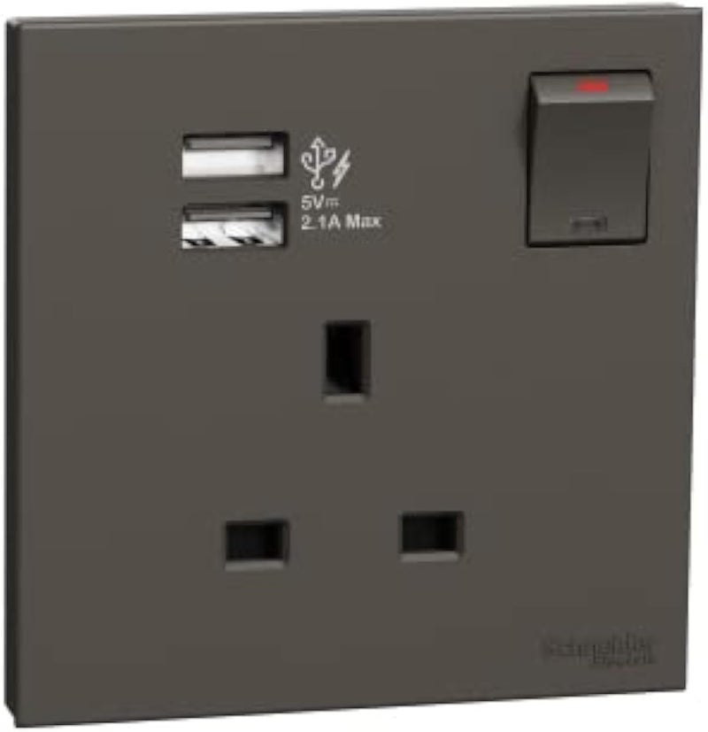 شنايدر إلكتريك أفاتارون سي سويتش مقبس E8715USB_DG ، 1 عصابة ، 13A رمادي داكن 2.1A منفذين USB - Image 1