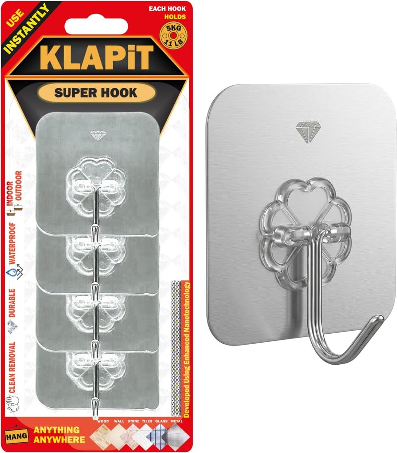 KLAPiT All user affordable trusted quality SUPER HOOK Heavy Duty Adhesive, Holds 11 pounds or 5Kg Weight, Waterproof and Damage Free for Wall, Tile, Wood, Stone, Glass, Metal, Made of Steel (Silver, 4 pc) Seasonal & permanent compatible - Image 1