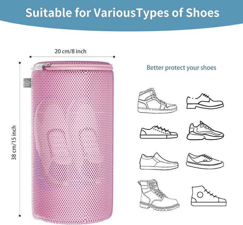 Kimmama حقيبة غسيل الأحذية من كيماما، كيس غسيل الأحذية، كيس غسيل الأحذية الرياضية بشبكة ساندويش، كيس تنظيف الأحذية للجيم، الأحذية الرياضية، النعال، وردي، 8×8×15 بوصة - Image 2