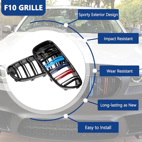 DEKEWEI F10 Grille,Front Kidney Grille Grill Compatible With 2010-2017 5 Series F10 F11 M5 (Double Slats Gloss M Color Grills, 2pcs) - Image 3