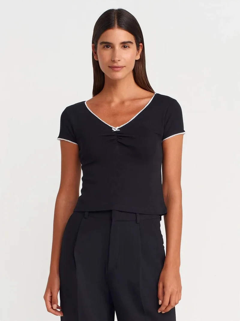 ديلفين Dilvin Women's Cotton Crop Blouse With Frill Trim