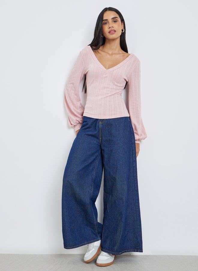 Styli Women Pink Deep V Neck Knit Top - Image 2