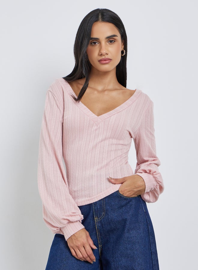 Styli Women Pink Deep V Neck Knit Top - Image 3