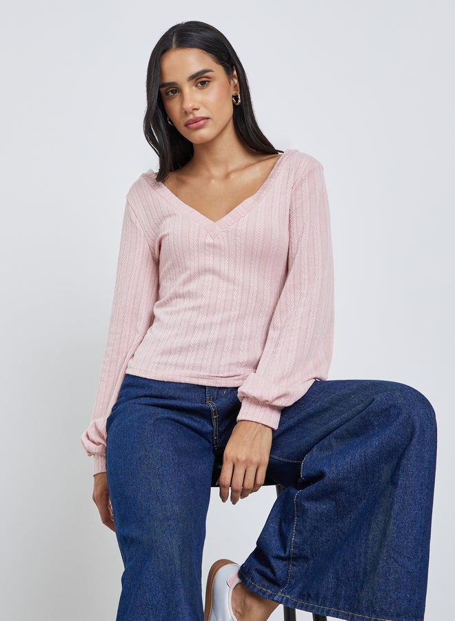 Styli Women Pink Deep V Neck Knit Top - Image 1