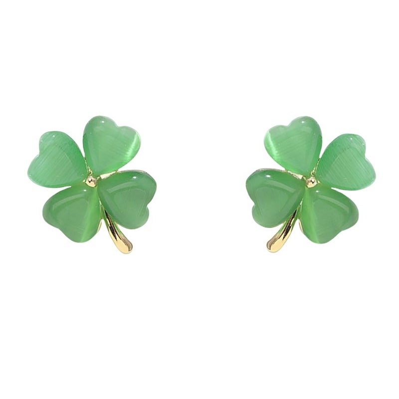 Dtja Green Cat Eye's Clover Flower Earrings for Women 925 Sterling Silver Post Pin Hypoallergenic Luck Love Heart 4 Leaf Shamrock Small Cute Studs Earring Dainty Gifts for Mother Sister Aunt (Jade-Green) - Image 1