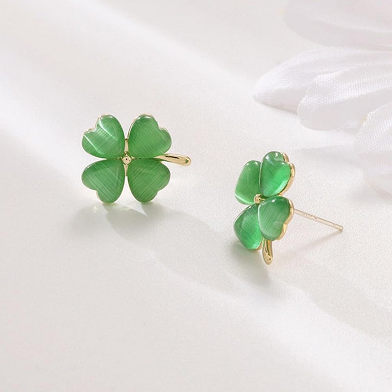Dtja Green Cat Eye's Clover Flower Earrings for Women 925 Sterling Silver Post Pin Hypoallergenic Luck Love Heart 4 Leaf Shamrock Small Cute Studs Earring Dainty Gifts for Mother Sister Aunt (Jade-Green) - Image 5