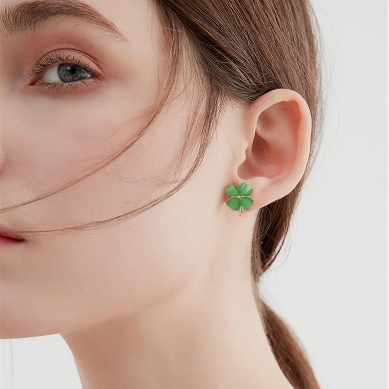 Dtja Green Cat Eye's Clover Flower Earrings for Women 925 Sterling Silver Post Pin Hypoallergenic Luck Love Heart 4 Leaf Shamrock Small Cute Studs Earring Dainty Gifts for Mother Sister Aunt (Jade-Green) - Image 2