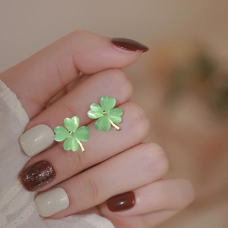 Dtja Green Cat Eye's Clover Flower Earrings for Women 925 Sterling Silver Post Pin Hypoallergenic Luck Love Heart 4 Leaf Shamrock Small Cute Studs Earring Dainty Gifts for Mother Sister Aunt (Jade-Green) - Image 4