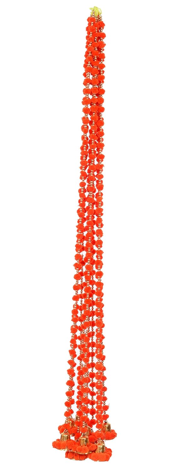 brown leaf Pack of 6 Wool Pom Pom Garlands with Bell Diwali Holi Party Dcor Photo Prop Indian Wedding Dcor Orange - Image 1