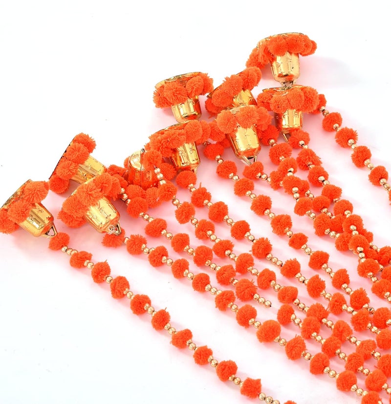 brown leaf Pack of 6 Wool Pom Pom Garlands with Bell Diwali Holi Party Dcor Photo Prop Indian Wedding Dcor Orange - Image 4
