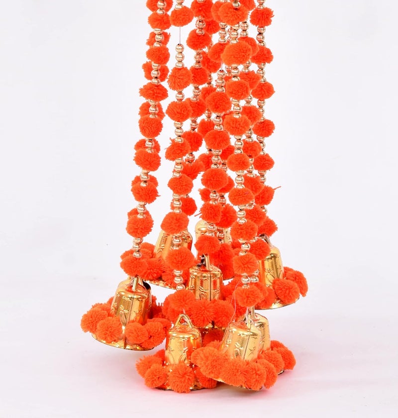 brown leaf Pack of 6 Wool Pom Pom Garlands with Bell Diwali Holi Party Dcor Photo Prop Indian Wedding Dcor Orange - Image 3