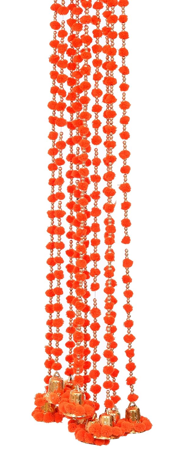 brown leaf Pack of 6 Wool Pom Pom Garlands with Bell Diwali Holi Party Dcor Photo Prop Indian Wedding Dcor Orange - Image 2