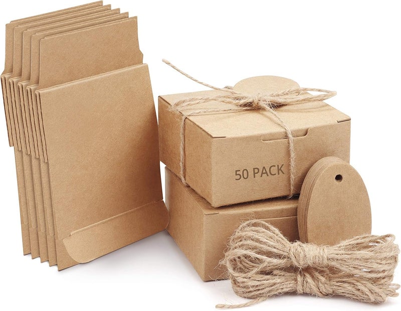 Square Brown Kraft Gift Box with Lids, Rope and Banners - 50 Pieces, Small Size 7.5 x 7.5 x 3.5 cm (Brown Craft)