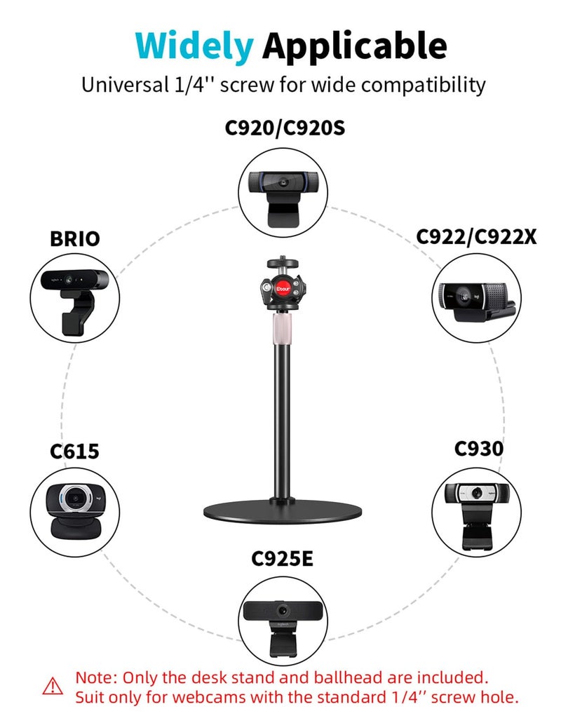 Etour Webcam Tripod Stand for Desk, 2025 Upgrade Small Base & 360° Ballhead & Height Adjustable, Ideal for Logitech Webcam C922 C930e C920 C615 C960 BRIO 4K NexiGo N60, Phone Holder with 1/4" Thread - Image 2