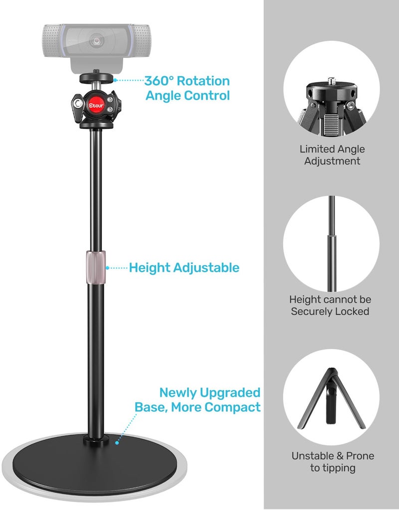 Etour Webcam Tripod Stand for Desk, 2025 Upgrade Small Base & 360° Ballhead & Height Adjustable, Ideal for Logitech Webcam C922 C930e C920 C615 C960 BRIO 4K NexiGo N60, Phone Holder with 1/4" Thread - Image 5