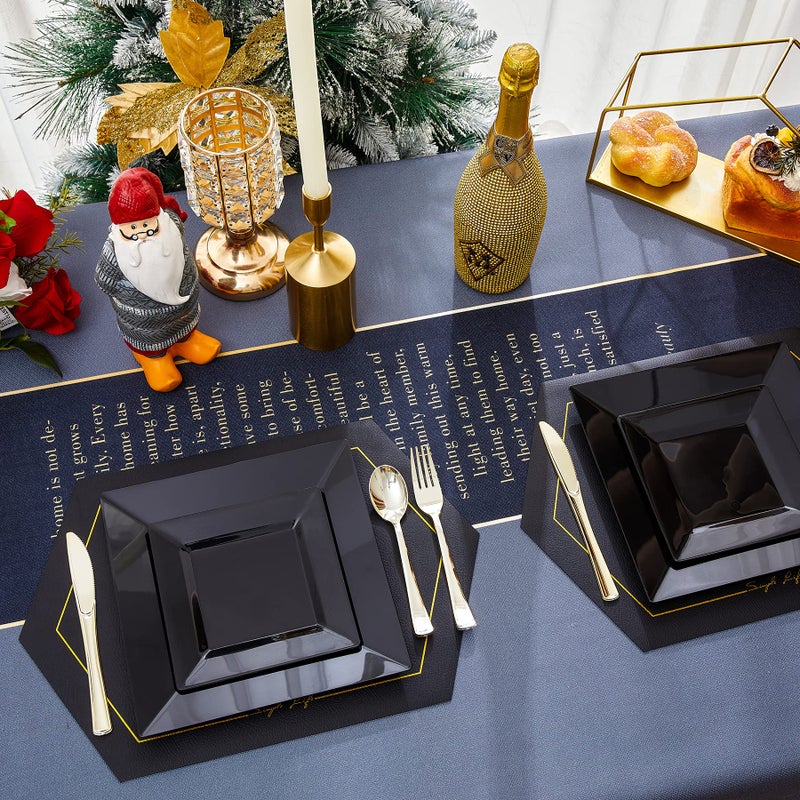 N9R 60 Pack Black Square Plastic Plates (9.5'' Dinner  6.5'' Dessert/Salad) - Classic  Disposable  BPA Free  Reusable & Recyclable - Great for Parties & Weddings - Image 3
