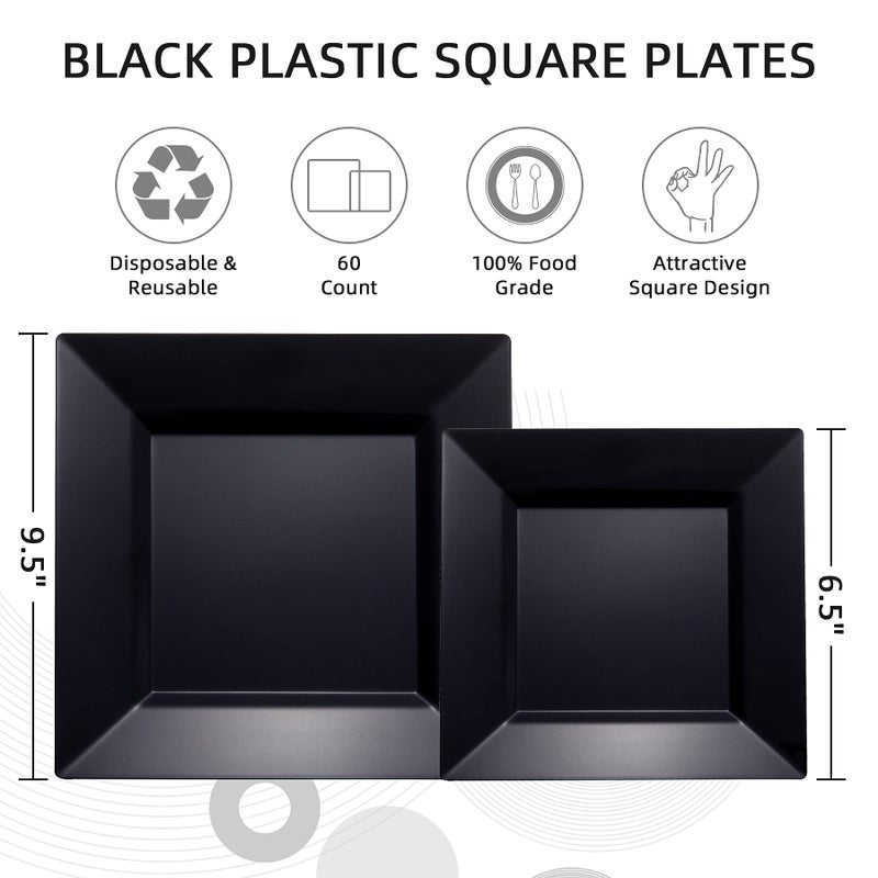 N9R 60 Pack Black Square Plastic Plates (9.5'' Dinner  6.5'' Dessert/Salad) - Classic  Disposable  BPA Free  Reusable & Recyclable - Great for Parties & Weddings - Image 2