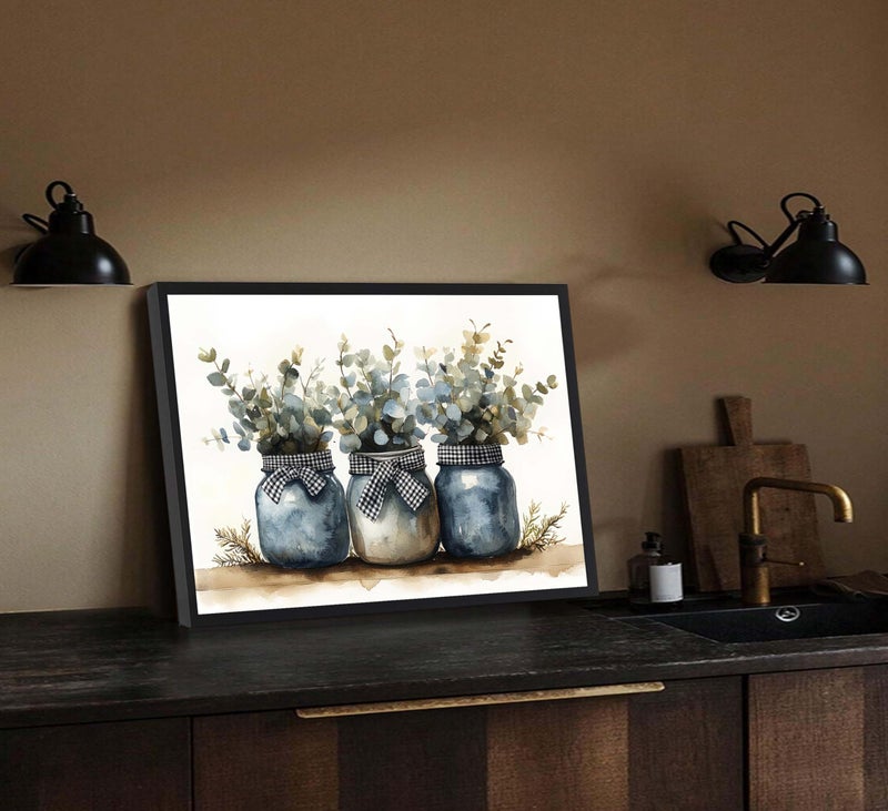 JJX Black Frame Plants Canvas Wall Art Rustic Minimalist Black Glass Jar And White Plaid Bow Eucalyptus leaves Farmhouse Vintage Botanical Pictures Wall Decor Poster Print Artwor For Dining Room kitchen - Image 4