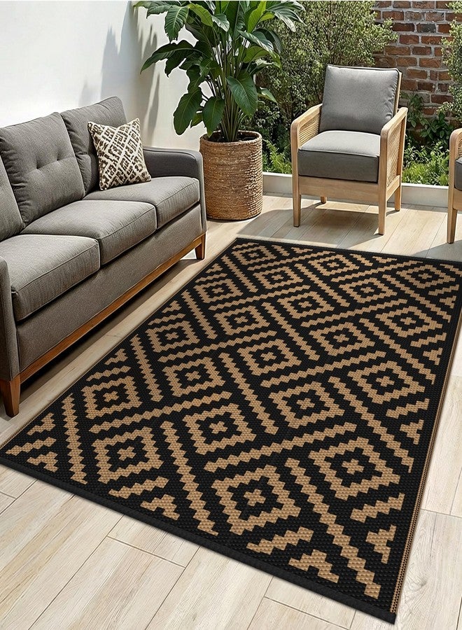 sarben Waterproof Outdoor Rug 4x6 ft, Patio Rug Mat, Reversible Plastic Straw Rug, Indoor/Outdoor Area Rugs Carpet for RV, Camping, Deck, Porch, Picnic, Backyard, Balcony, All Weather, Black & Brown - Image 1