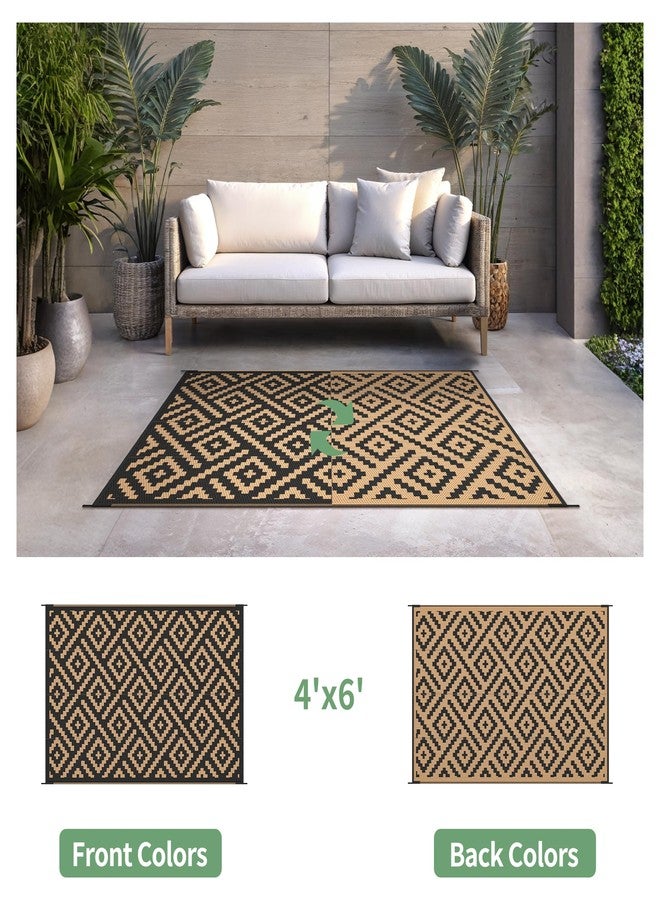 sarben Waterproof Outdoor Rug 4x6 ft, Patio Rug Mat, Reversible Plastic Straw Rug, Indoor/Outdoor Area Rugs Carpet for RV, Camping, Deck, Porch, Picnic, Backyard, Balcony, All Weather, Black & Brown - Image 2