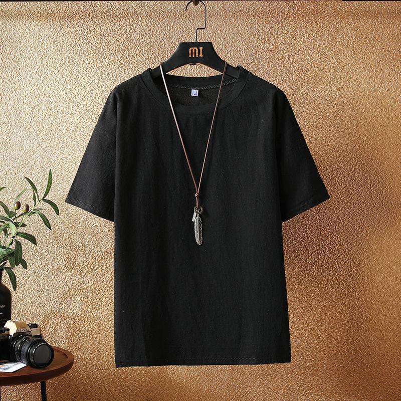 Linen Short-sleeved T-shirt Men's Summer Thin Cotton and Linen Vintage T-shirt Round Neck Loose plus size Trendy Solid Color Base Shirt - Image 1